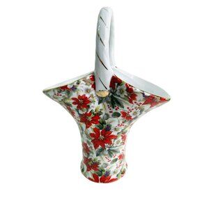 Christmas Basket Vase Poinsettia Ceramic Chintz Formalities Baum Bros 9.5" x 7"